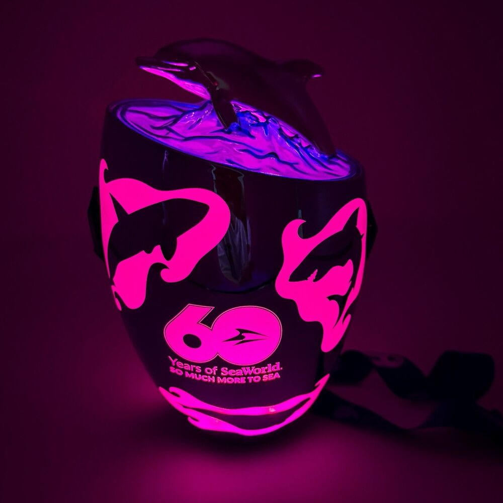 SeaWorld 60th Anniversary Chrome Dolphin Light Up Souvenir Popcorn Bucket Sealed - Picture 4 of 7